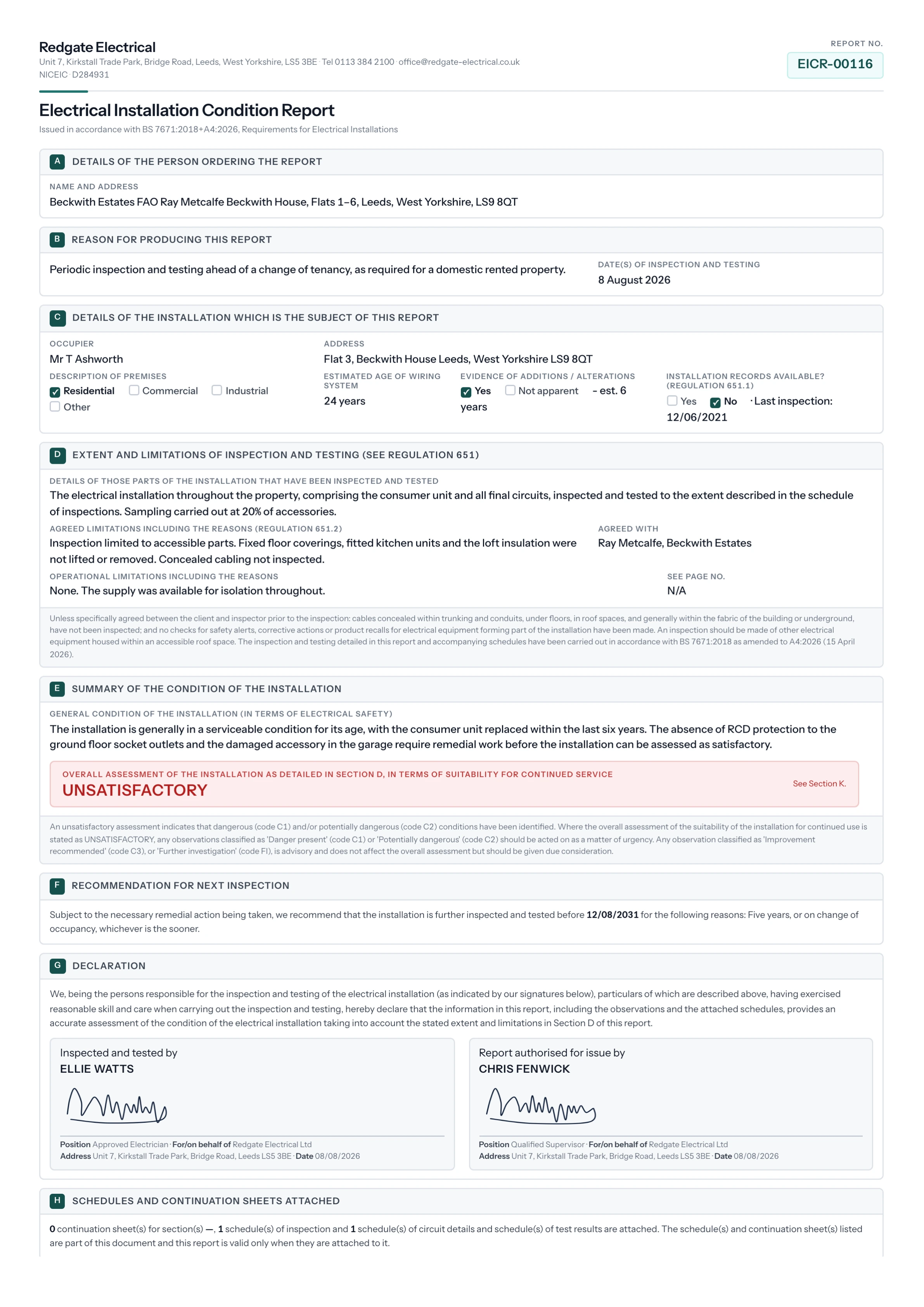 Page one of a rendered Electrical Installation Condition Report, laid out to the BS 7671 model form