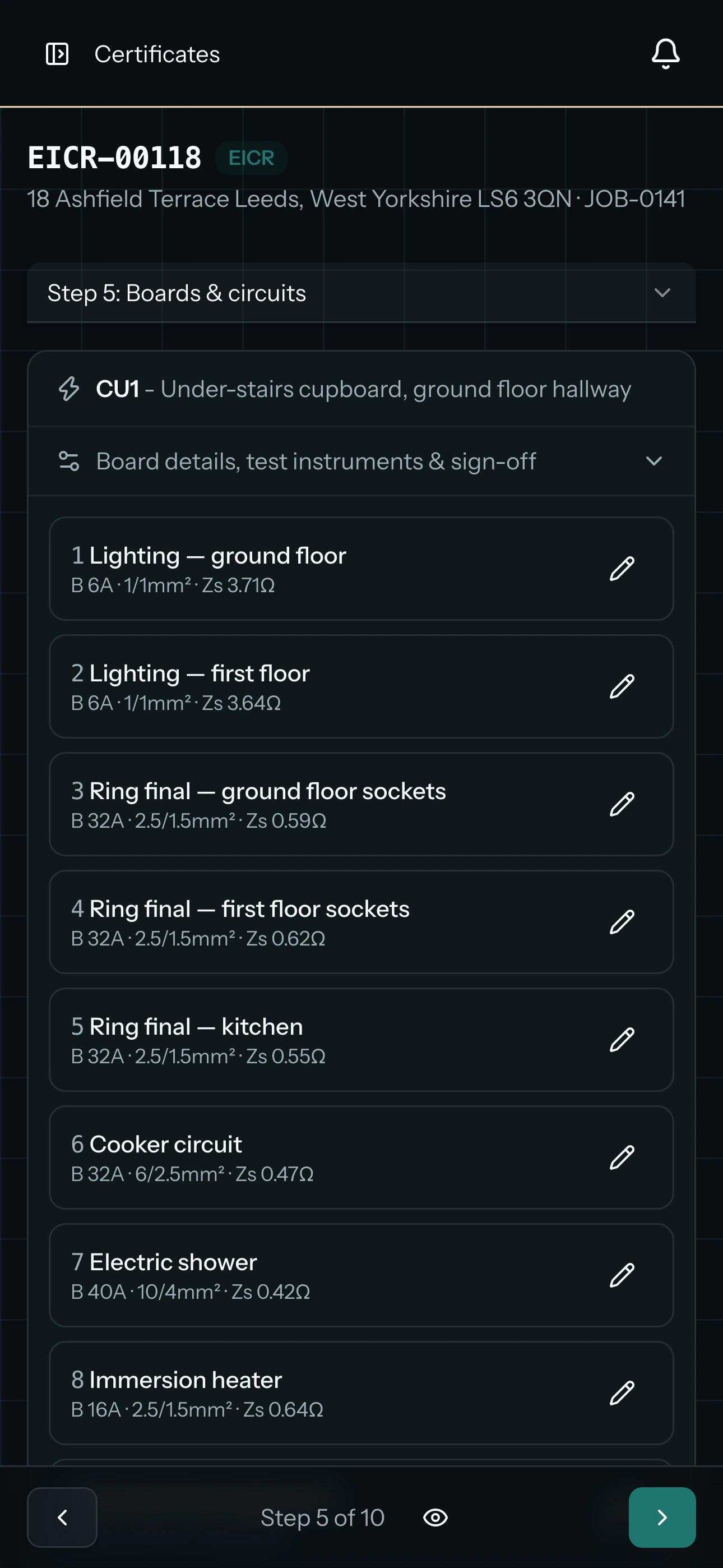 The certificate wizard on a phone, showing the schedule of circuits for a consumer unit